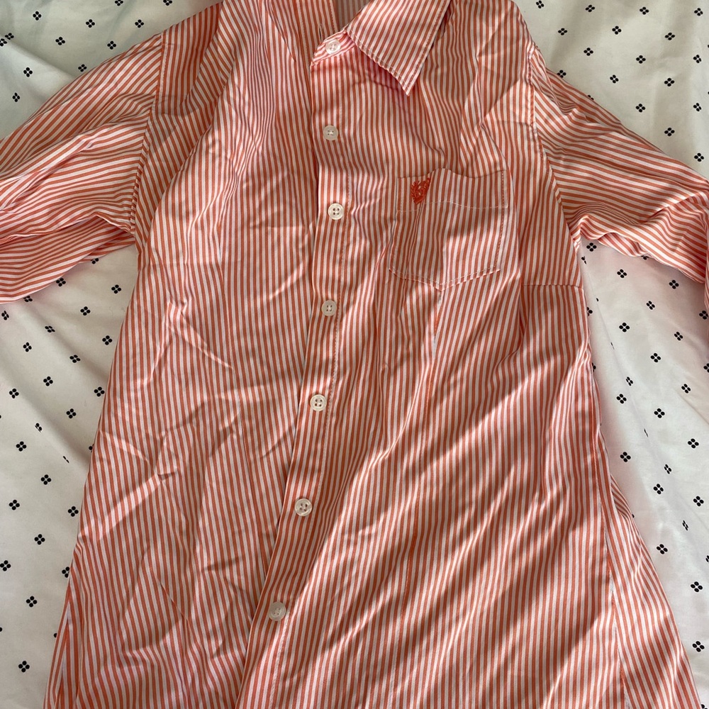Orange and white stripe cinch women’s button down
